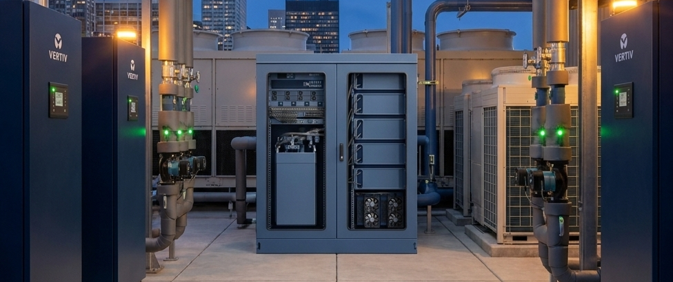 MicroLink commercial tower plant deck render: Vertiv-branded edge compute racks flanking a central control cabinet, with outdoor heat-rejection arrays and thermal coupling pipework, city skyline at dusk.