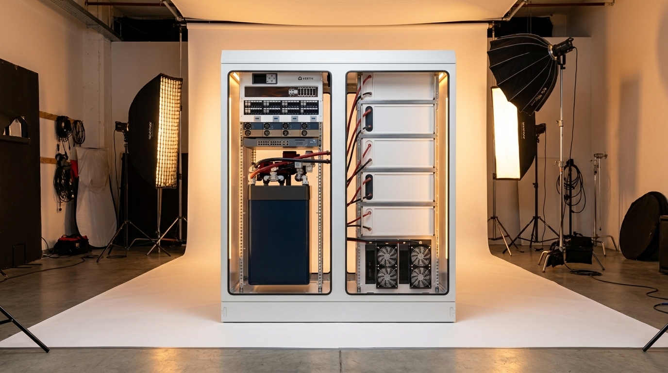 MicroLink compute rack render in studio context: Vertiv-branded white cabinet, rear-access door open showing internal control electronics, thermal coupling pipework, and fan array, lit on a paper sweep with softboxes and stands visible.