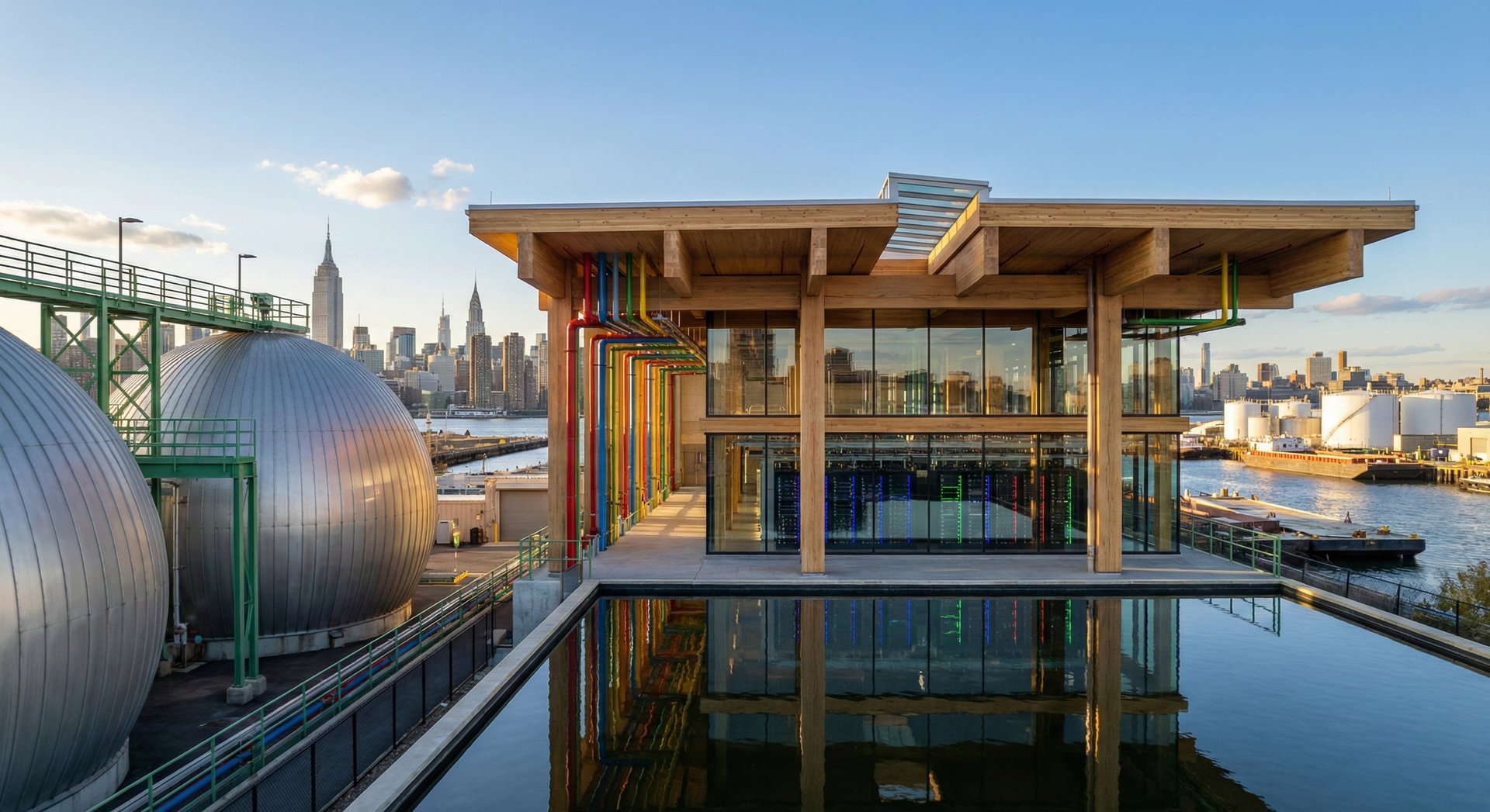 Newtown Creek WRRF, silver digester eggs and waterfront pavilion with Manhattan skyline in distance