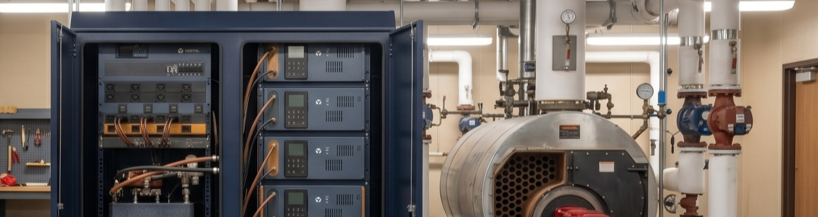 Industrial plant room with Vertiv power cabinet and boiler