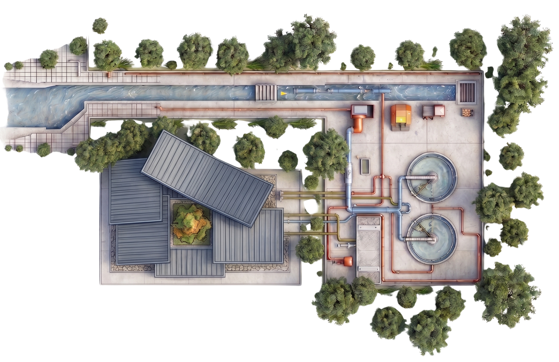 Aerial schematic: data center top-left, three-loop thermal interface, wastewater treatment plant on the right.