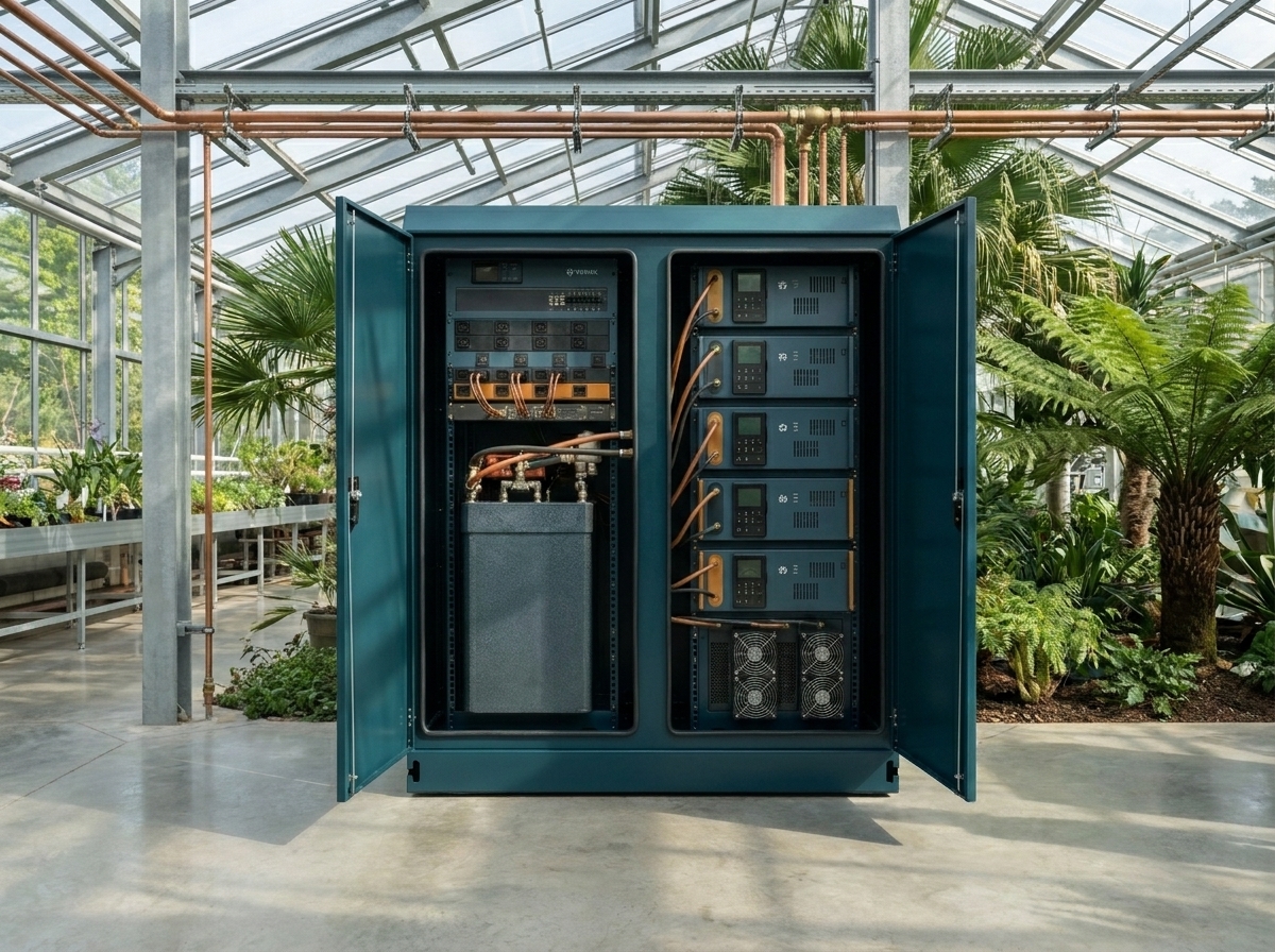 MicroLink cabinet, doors open, in a glasshouse host environment.