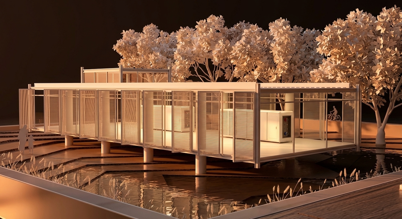 Night render of a glass pavilion housing MicroLink pod equipment, surrounded by reflecting pools and pale-leafed trees.