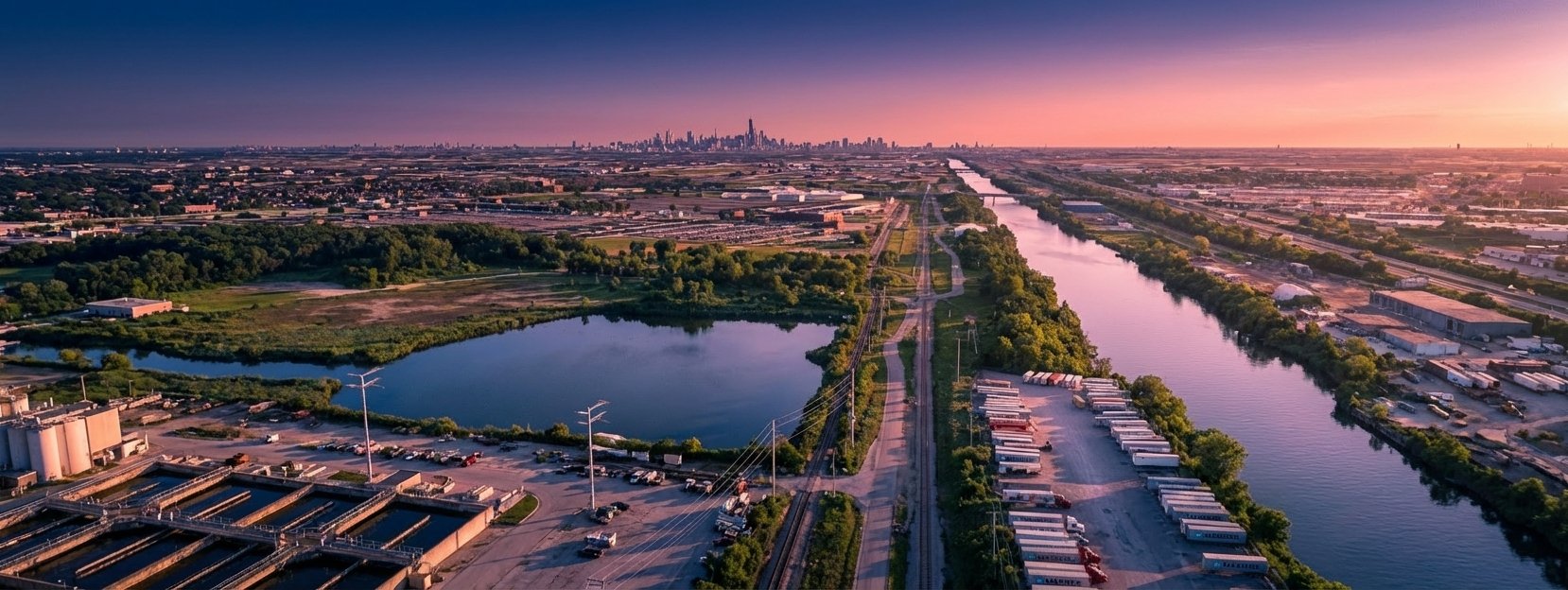 MWRD Stickney WWTP, aerial along the Sanitary and Ship Canal at sunset, Chicago skyline in distance