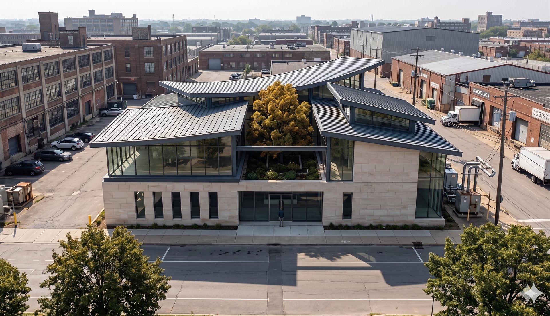 UW West Campus Utility Plant Annex · modern facility with curved zinc roofline in industrial setting